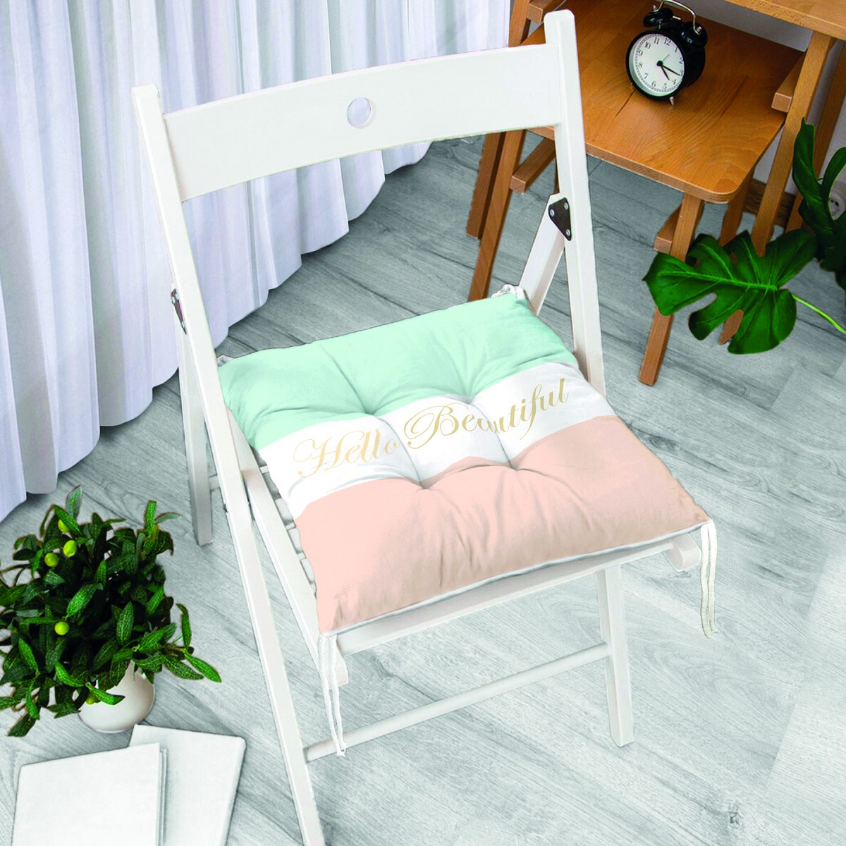 Hello Beautiful Mint Yeşili & Ten Rengi Dijital Baskılı Modern Pofuduk Sandalye Minderi Realhomes