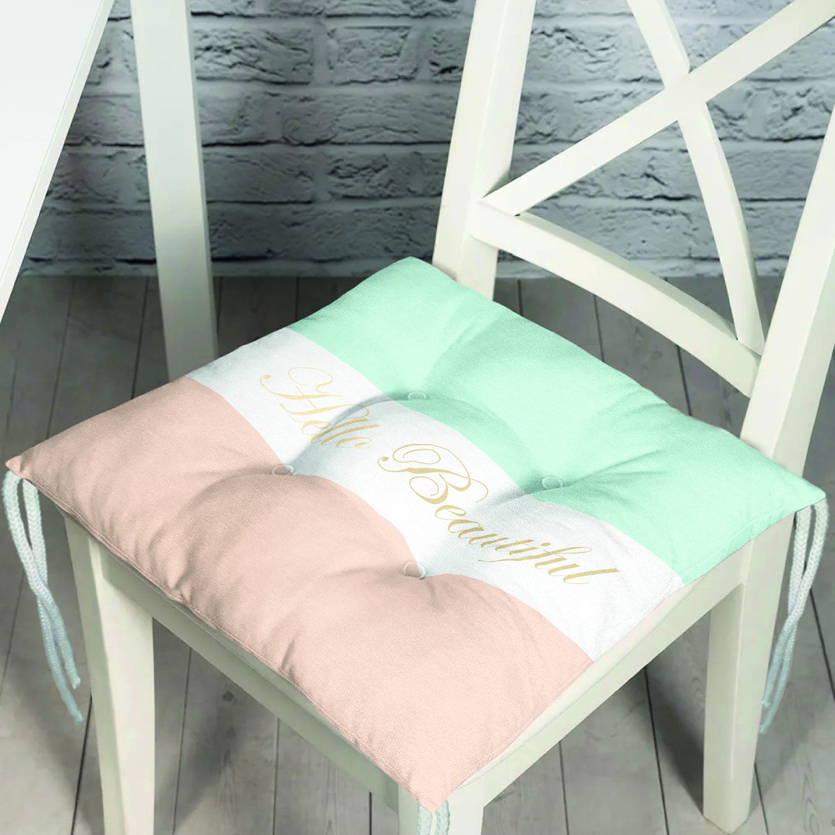 Hello Beautiful Mint Yeşili & Ten Rengi Dijital Baskılı Modern Pofuduk Sandalye Minderi Realhomes