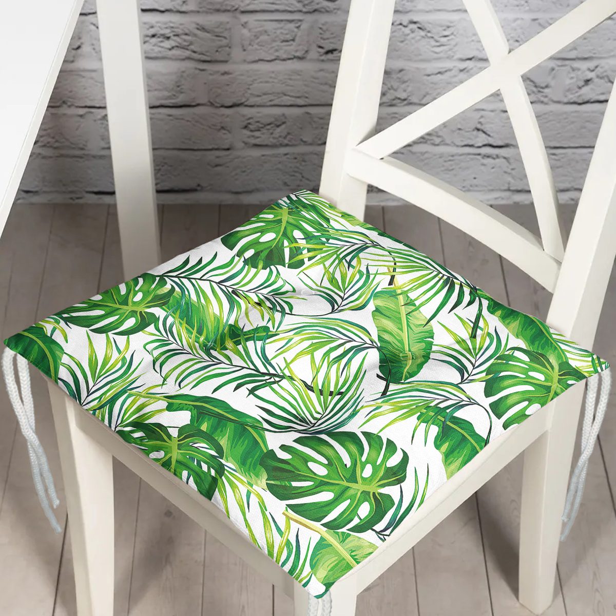 Beyaz Zeminde Yeşil Yapraklar Tasarımlı Modern Pofuduk Sandalye Minderi Realhomes