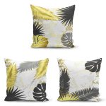 - Rh-K3luset326 - Realhomes 3'lü Gold Detaylı Yaprak Desenli Modern Yastık Kırlent Kılıf Seti Realhomes