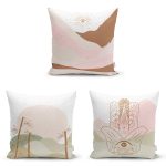 - Rh-K3luset338 - Realhomes 3'lü Renkli Çizimli Bohem Motifli Modern Yastık Kırlent Kılıf Seti Realhomes