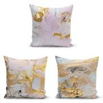 - Rh-K3luset339 - Realhomes 3'lü Renkli Zeminli Gold Detaylı Mermer Desenli Modern Yastık Kırlent Kılıf Seti Realhomes