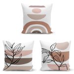 - Rh-K3luset341 - Realhomes 3'lü Beyaz Zemin Üzerinde Onedraw Çizimli Yaprak Motifli Modern Yastık Kırlent Kılıf Seti Realhomes