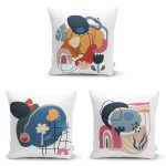 3'lü Beyaz Zemin Üzerinde Renkli Onedraw Çizimli Modern Yastık Kırlent Kılıf Seti Realhomes