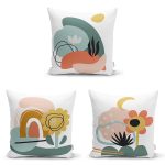 3'lü Beyaz Zemin Üzerinde Renkli Onedraw Çizimli Modern Yastık Kırlent Kılıf Seti Realhomes