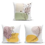 - Rh-K3luset345 - Realhomes 3'lü Beyaz Zemin Üzerinde Renkli Onedraw Çizimli Yaprak Desenli Modern Yastık Kırlent Kılıf Seti Realhomes
