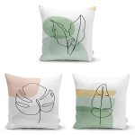 - Rh-K3luset346 - Realhomes 3'lü Beyaz Zemin Üzerinde Renkli Onedraw Çizimli Yaprak Desenli Modern Yastık Kırlent Kılıf Seti Realhomes