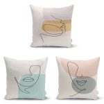 - Rh-K3luset347 - Realhomes 3'lü Beyaz Zemin Üzerinde Onedraw Çizimli Bayan Silüeti Modern Yastık Kırlent Kılıf Seti Realhomes