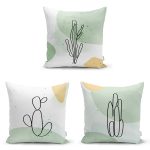 3'lü Beyaz Zemin Üzerinde Renkli Onedraw Çizimli Ağaç Motifli Modern Yastık Kırlent Kılıf Seti Realhomes