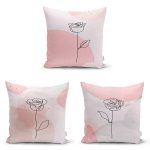 - Rh-K3luset350 - Realhomes 3'lü Renkli Zemin Üzerinde Onedraw Çizimli Gül Desenli Modern Yastık Kırlent Kılıf Seti Realhomes