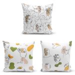 3'lü Beyaz Zemin Üzerinde Onedraw Çizimli Bayan Silüeti Modern Yastık Kırlent Kılıf Seti Realhomes