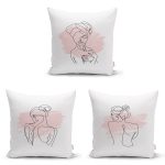 - Rh-K3luset353 - Realhomes 3'lü Beyaz Zemin Üzerinde Onedraw Çizimli Bayan Silüeti Modern Yastık Kırlent Kılıf Seti Realhomes