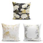 - Rh-K3luset354 - Realhomes  3'lü Renkli Zemin Üzerinde Mermer Ve Gül Desenli Modern Yastık Kırlent Kılıf Seti Realhomes