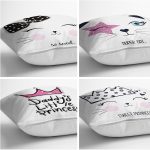 - Rh-K4luSet221-1 - Realhomes Realhomes Beyaz Zeminde Sevimli Kedicik Desenli Dekoratif 4'lü Çocuk Yastık Kılıfı Realhomes