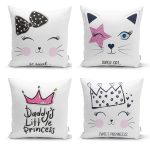 - Rh-K4luSet221 - Realhomes Realhomes Beyaz Zeminde Sevimli Kedicik Desenli Dekoratif 4'lü Çocuk Yastık Kılıfı Realhomes