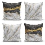- Rh-K4luSet222 - Realhomes  Realhomes Siyah Gümüş Renk Mermer Desenli 4'lü Yastık Kırlent Kılıfı Realhomes