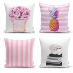 Realhomes Pembe Beyaz Çizgili Konsept Desenli 4'lü Modern Yastık Kırlent Kılıfı Realhomes