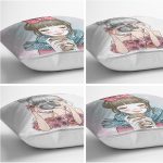 - Rh-K4luSet229-1 - Realhomes Realhomes Kahve İçen ve Fotoğraf Çeken Kız Kombinli 4'lü Yastık Kırlent Kılıfı Realhomes