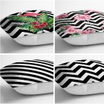 - Rh-K4luSet232-1 - Realhomes Realhomes Flamingo ve Siyah Beyaz Geometrik Desenli 4'lü Modern Yastık Kırlent Kılıfı Realhomes