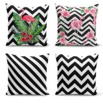 - Rh-K4luSet232 - Realhomes Realhomes Flamingo ve Siyah Beyaz Geometrik Desenli 4'lü Modern Yastık Kırlent Kılıfı Realhomes