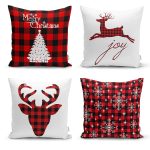 - Rh-K4luSet236 - Realhomes Realhomes Ekose Zeminli Yılbaşı Desenli 4'lü Yastık Kırlent Kılıfı Realhomes