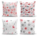 - Rh-K4luSet237 - Realhomes Realhomes Beyaz Zeminli Yılbaşı Konseptli 4'lü Yastık Kırlent Kılıfı Realhomes