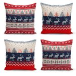 - Rh-K4luSet239 - Realhomes Realhomes Geyik Desenli Yılbaşı Temalı 4'lü Dekoratif Yastık Kırlent Kılıfı Realhomes