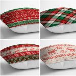 - Rh-K4luSet240-1 - Realhomes Realhomes Kırmızı Yeşil Renk Tonlarında Geyik ve Ekose Temalı 4'lü Dekoratif Yastık Kırlent Kılıfı Realhomes