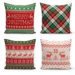 - Rh-K4luSet240 - Realhomes Realhomes Kırmızı Yeşil Renk Tonlarında Geyik ve Ekose Temalı 4'lü Dekoratif Yastık Kırlent Kılıfı Realhomes