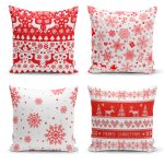 - Rh-K4luSet241 - Realhomes Realhomes Kırmızı Beyaz Yılbaşı Geyik ve Kar Taneleri 4'lü Yastık Kırlent Kılıfı Realhomes