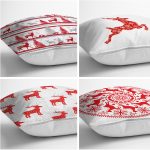 Realhomes Kırmızı Beyaz Yılbaşı Geyikleri 4'lü Yastık Kırlent Kılıfı Realhomes