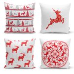 Realhomes Kırmızı Beyaz Yılbaşı Geyikleri 4'lü Yastık Kırlent Kılıfı Realhomes