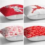 - Rh-K4luSet244-1 - Realhomes Realhomes Kırmızı Beyaz Yılbaşı Geyik ve Kar Taneleri 4'lü Yastık Kırlent Kılıfı Realhomes