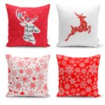 - Rh-K4luSet244 - Realhomes Realhomes Kırmızı Beyaz Yılbaşı Geyik ve Kar Taneleri 4'lü Yastık Kırlent Kılıfı Realhomes