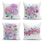 - Rh-K4luSet246 - Realhomes  Realhomes Ortanca Çiçeği Motifli Modern 4'lü Kombin Yastık Kırlent Kılıfı Realhomes