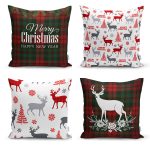 - Rh-K4luSet251 - Realhomes Realhomes Merry Christmas Temalı Geyik Motifli 4'lü Yastık Kırlent Kılıfı Realhomes