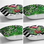 - Rh-K4luSet252-1 - Realhomes  Realhomes Geometrik Çizgiler Üzerinde Tropikal Yaprak ve Flamingo 4'lü Yastık Kırlent Kılıfı Realhomes