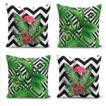 - Rh-K4luSet252 - Realhomes  Realhomes Geometrik Çizgiler Üzerinde Tropikal Yaprak ve Flamingo 4'lü Yastık Kırlent Kılıfı Realhomes
