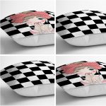 - Rh-K4luSet259-1 - Realhomes Realhomes Siyah Beyaz Damalı Kız Motifli 4'lü Modern Kırlent Kılıfı Realhomes