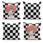 - Rh-K4luSet259 - Realhomes Realhomes Siyah Beyaz Damalı Kız Motifli 4'lü Modern Kırlent Kılıfı Realhomes