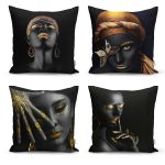 - Rh-K4luSet265 - Realhomes  Realhomes Siyah Zeminli Afrika Bayan Temalı 4'lü Yastık Kırlent Kılıfı Realhomes