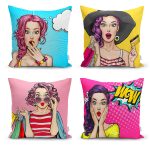 - Rh-K4luSet270 - Realhomes  Realhomes 4'lü Fashion Girl Konseptli Dekoratif Yastık Kırlent Kılıfı Realhomes