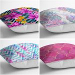 - Rh-K4luSet272-1 - Realhomes Realhomes Renkli Ogea ve Geometrik Çizgili Tropikal Yapraklı 4'lü Yastık Kırlent Kılıfı Realhomes