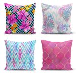 - Rh-K4luSet272 - Realhomes Realhomes Renkli Ogea ve Geometrik Çizgili Tropikal Yapraklı 4'lü Yastık Kırlent Kılıfı Realhomes