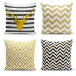 Realhomes Altın Varaklı Geometrik Desenli Dekoratif Modern 4'lü Yastık Kırlent Kılıfı Realhomes