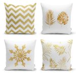 - Rh-K4luSet278 - Realhomes Realhomes Altın Varaklı Yaprak ve Zigzag Motifli 4'lü Modern Yastık Kırlent Kılıfı Realhomes