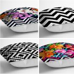 - Rh-K4luSet279-1 - Realhomes Realhomes Geometrik Çizgiler Üzerinde Tropikal Yapraklar 4'lü Yastık Kırlent Kılıfı Realhomes