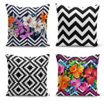 - Rh-K4luSet279 - Realhomes Realhomes Geometrik Çizgiler Üzerinde Tropikal Yapraklar 4'lü Yastık Kırlent Kılıfı Realhomes