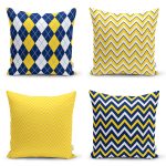 - Rh-K4luSet702 - Realhomes 4'lü Sarı Lacivert Zigzag Desenli Özel Tasarımlı Yastık Kırlent Kılıfı Seti Realhomes