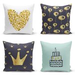- Rh-K4luSet705 - Realhomes 4'lü Altın Varaklı Doğum Günü Konseptli Dekoratif Yastık Kırlent Kılıf Seti Realhomes